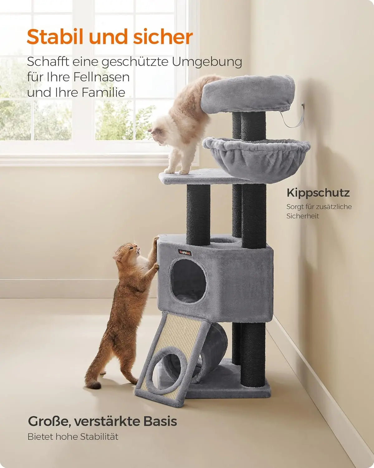 Kratzbaum mit Höhle und Hängematte hellgrau-schwarz von Songmics