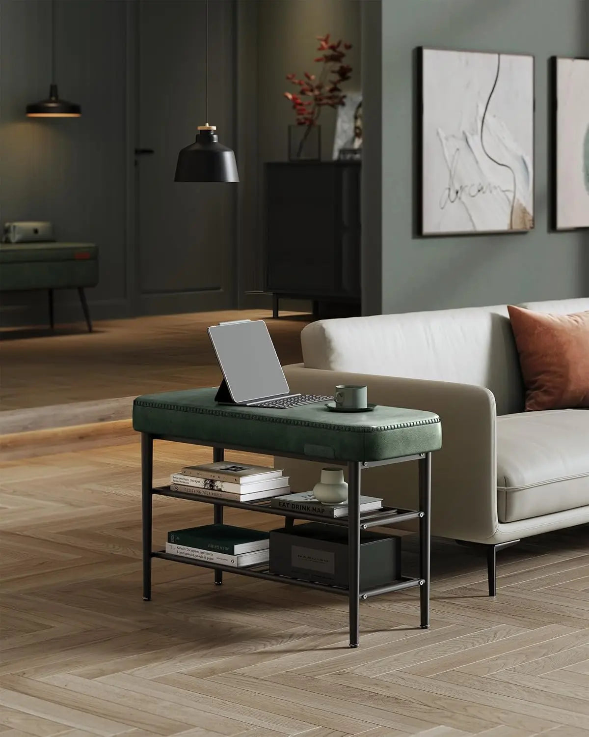 Schuhbank Kunstleder MidCentury Modern Waldgrün von Songmics