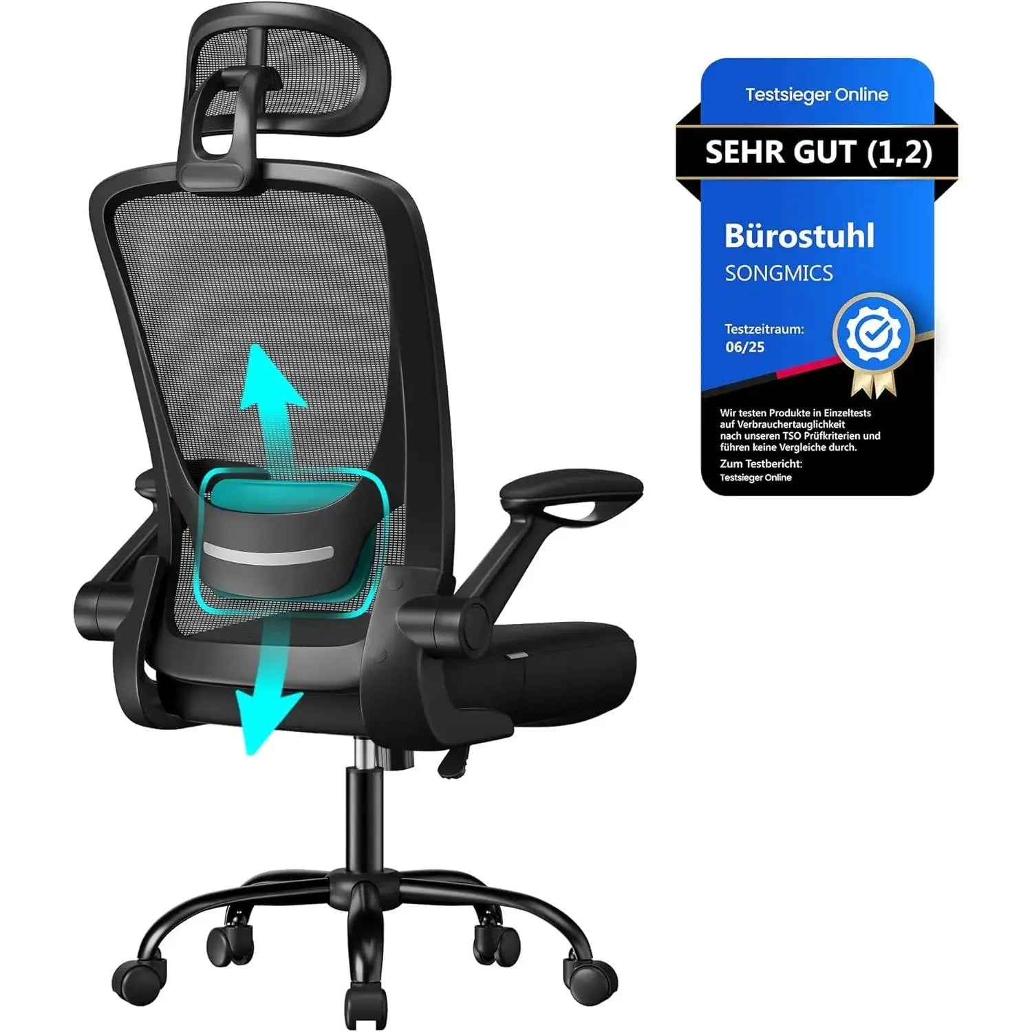 Bürostuhl ergonomisch mit Kopfstütze tintenschwarz von Songmics