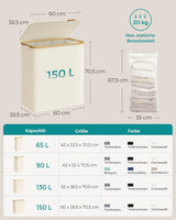 Wäschekorb mit Deckel 3 Fächer Cremeweiss von Songmics