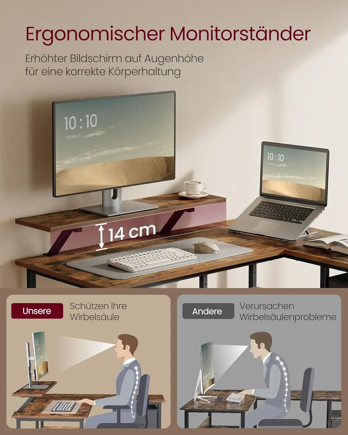 L-Schreibtisch mit Schubladen vintage braun von Songmics