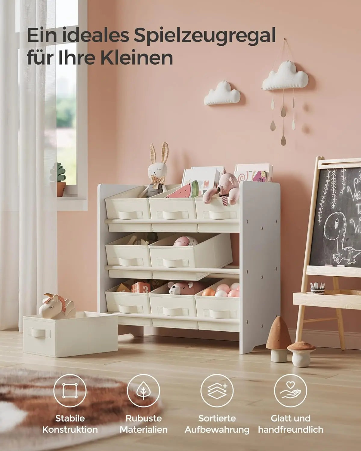 Kinderregal Spielzeugregal 9 Boxen Weiss Stoff von Songmics