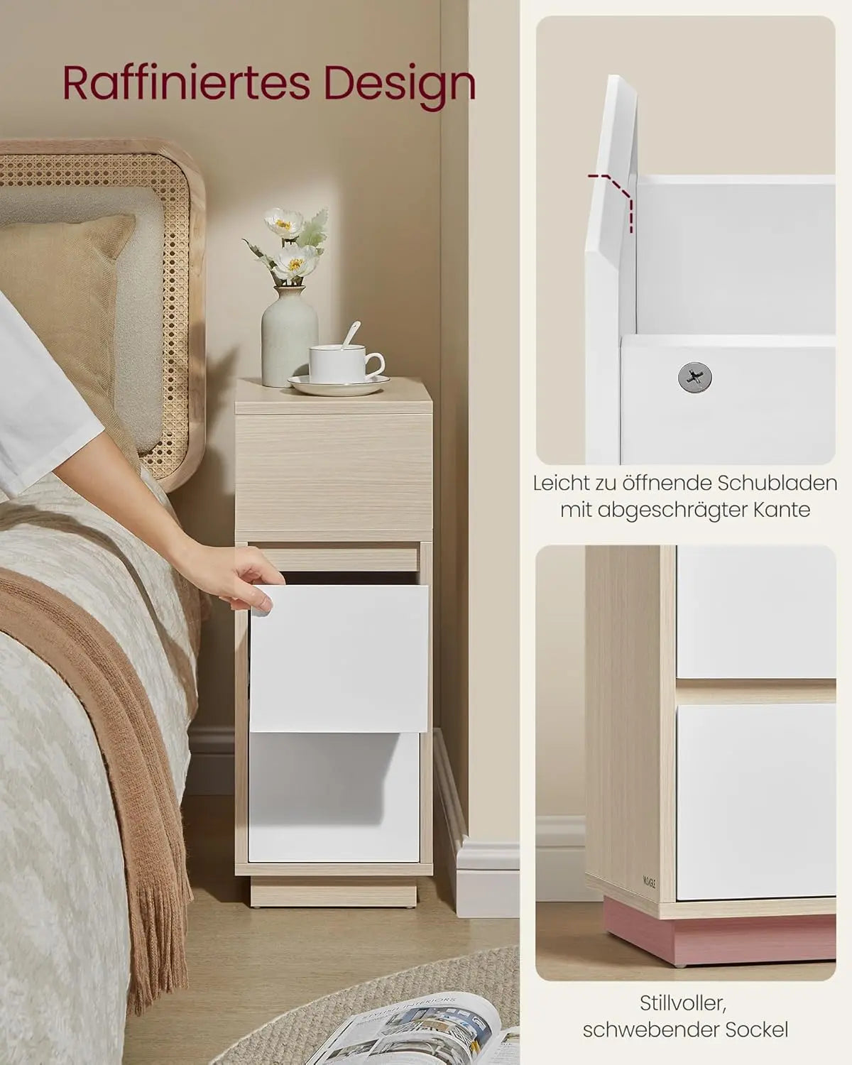 Nachttisch schmal 2 Schubladen naturbeige von Songmics