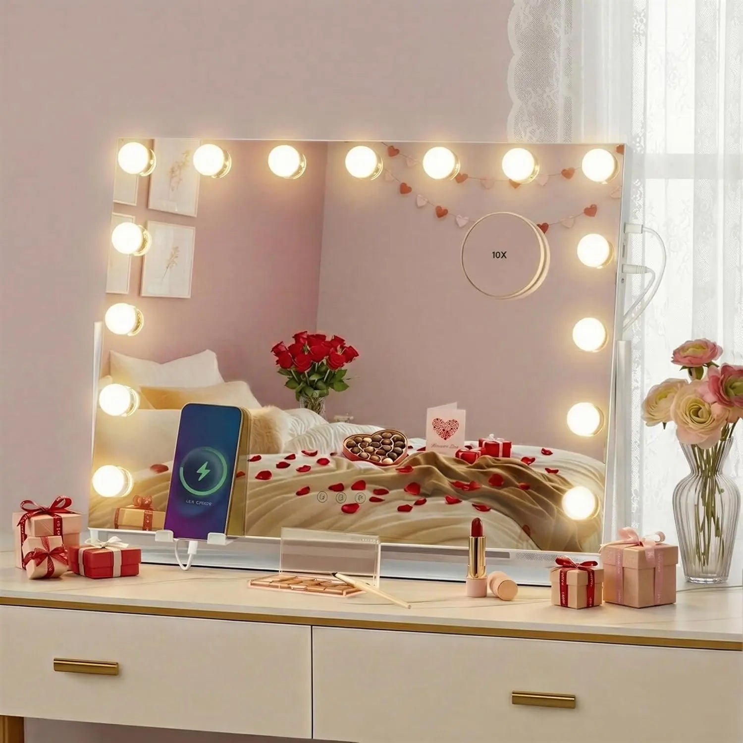 Schminkspiegel LED-Beleuchtung dimmbar weiss Metall von Songmics