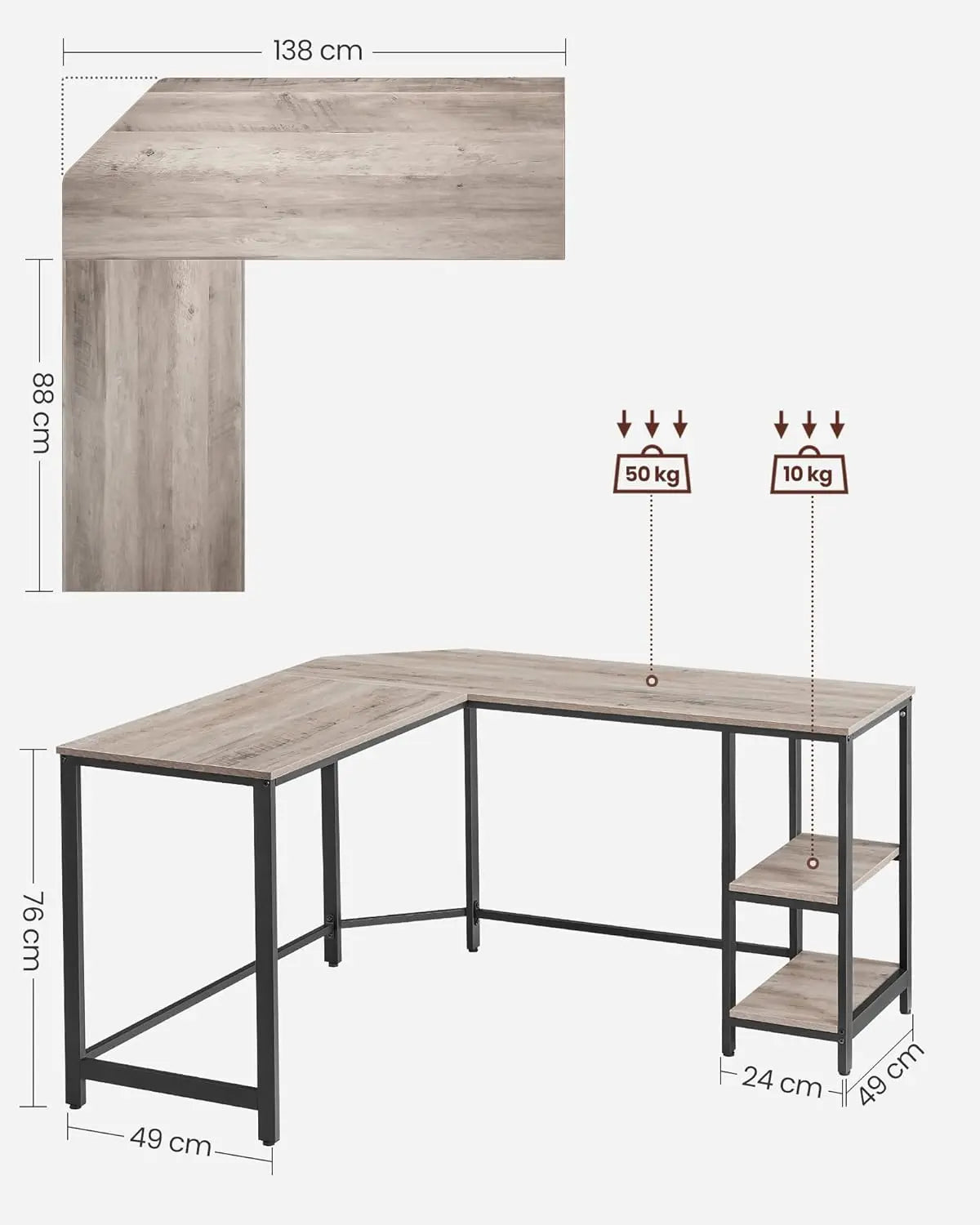 L-Schreibtisch platzsparend Greige-schwarz Holz von Songmics