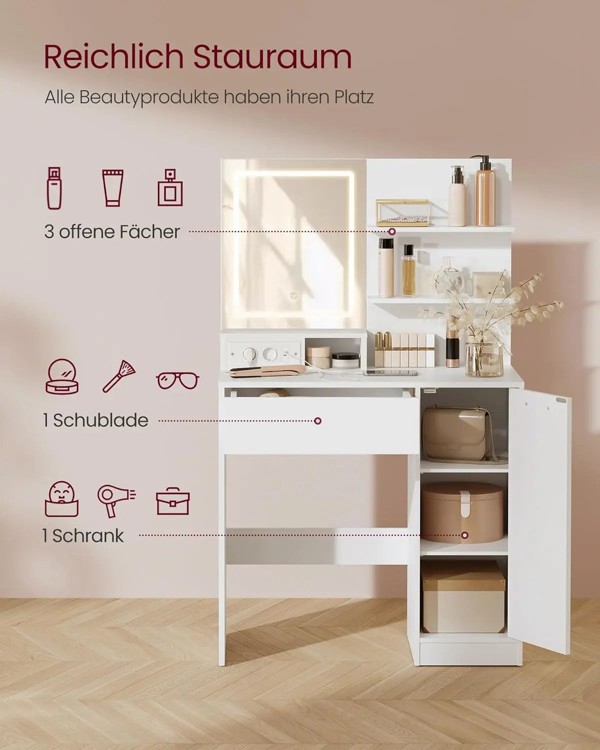 Schminktisch LED-Spiegel Steckdose weiss Holz von Songmics