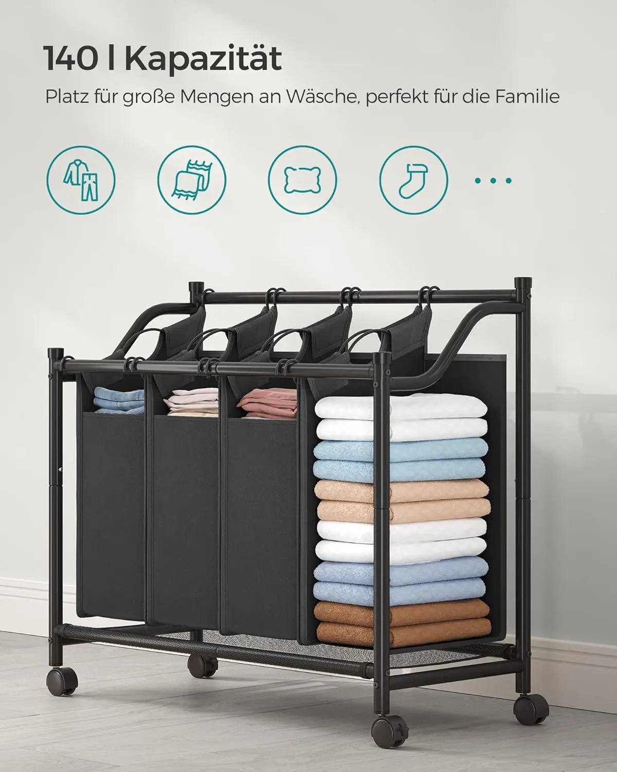 Wäschekorb mit Rollen, 4 Fächer, schwarz von Songmics