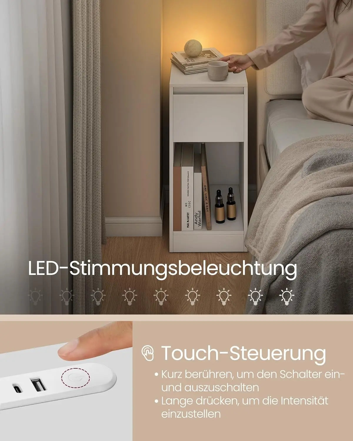 Nachttisch schmal LED USB weiss von Songmics