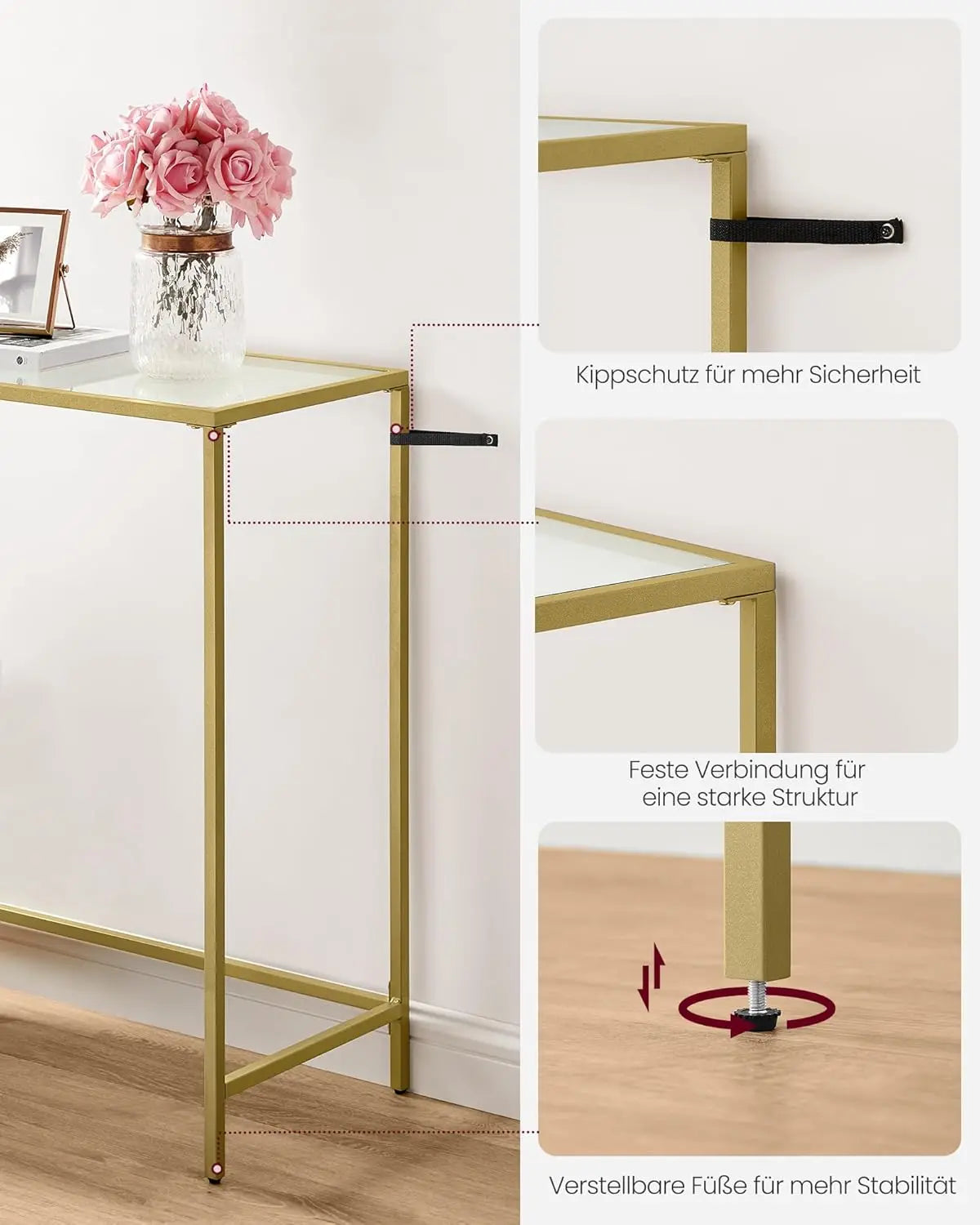 Konsolentisch Hartglas Modern Verstellbar Wohnzimmer Gold von Songmics
