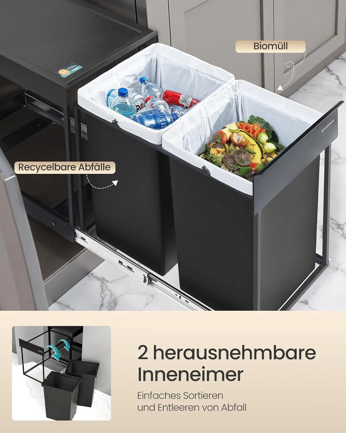 Mülltrennsystem ausziehbar 2x20L schwarz Stahl von Songmics