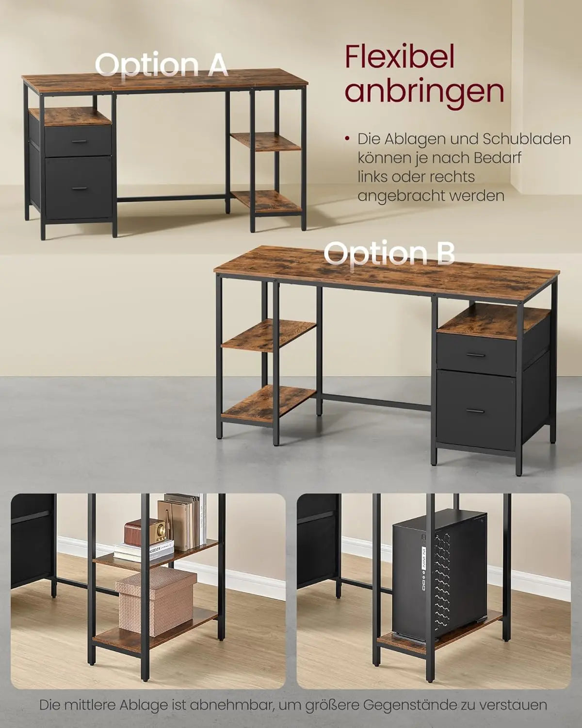 Schreibtisch 140cm Ablagen vintagebraun Holz von Songmics