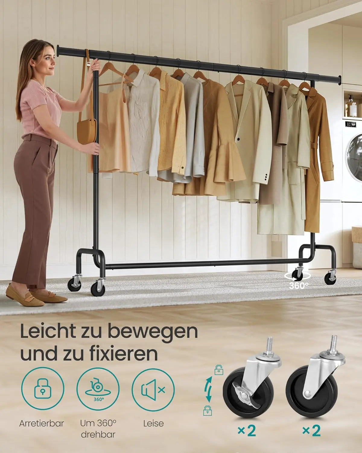 Kleiderständer rollbar ausziehbar mattschwarz Metall von Songmics