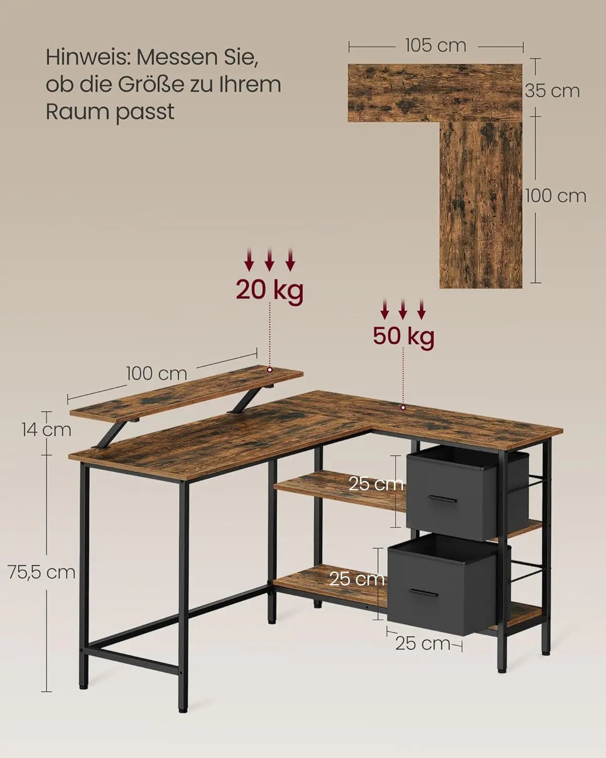 Schreibtisch L-förmig mit Schubladen Vintagebraun von Songmics