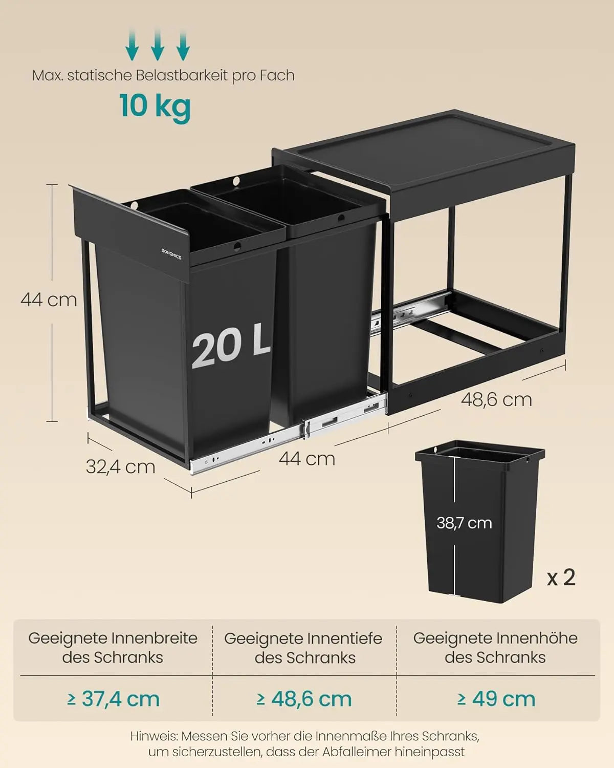 Mülltrennsystem ausziehbar 2x20L schwarz Stahl von Songmics