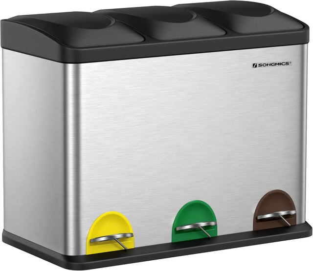Mülleimer Küche 3-Fächer Treteimer Silber-Schwarz von Songmics
