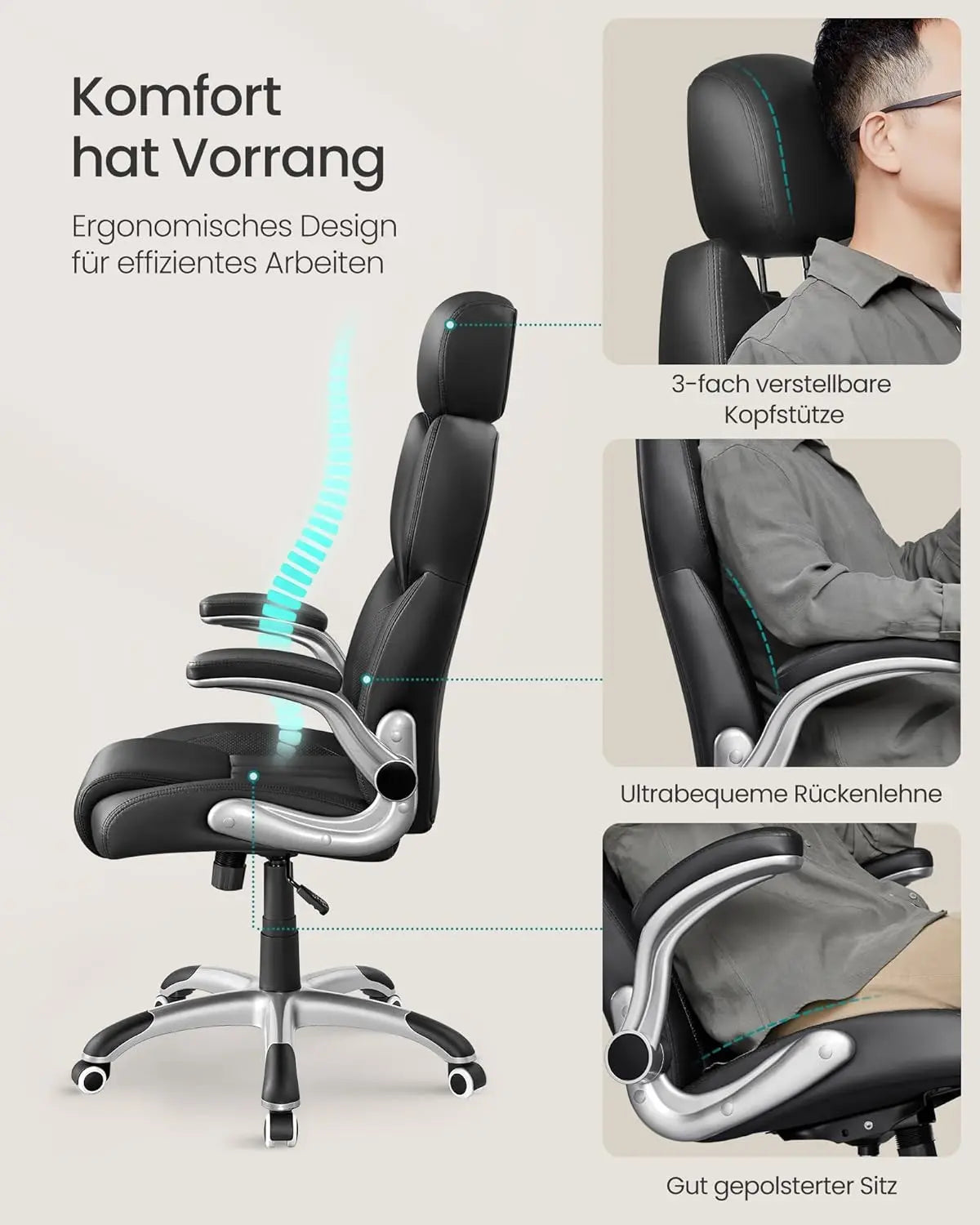 Bürostuhl Gaming Verstellbar Kopfstütze Armlehnen Schwarz von Songmics