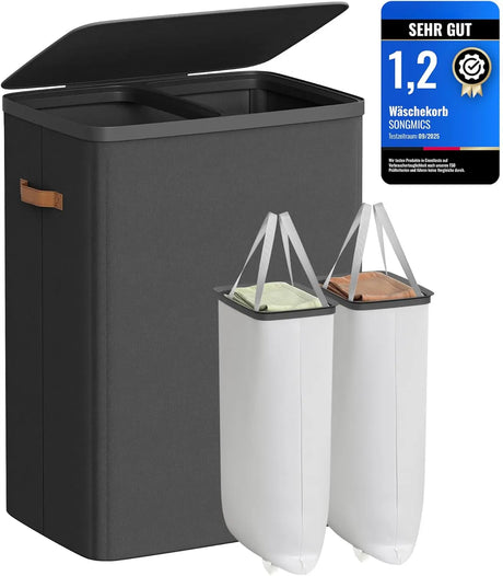 Wäschekorb 170L 2 Fächer Deckel Tintenschwarz von Songmics