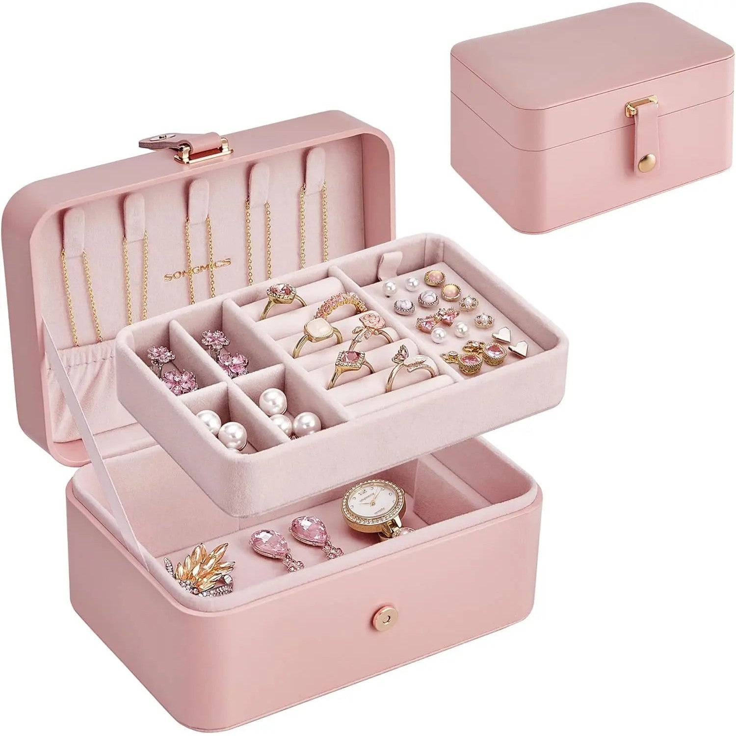 Schmuckkästchen Reise 2-Ebenen pastellrosa von Songmics