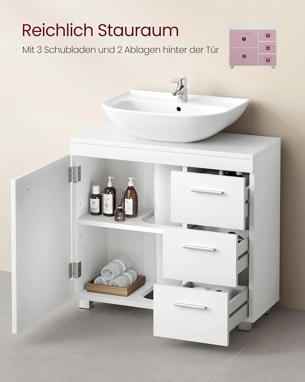 Badezimmerschrank Waschbeckenunterschrank 3 Schubladen weiss Holz von Songmics