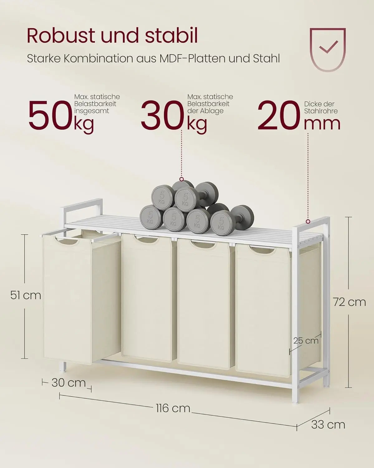 Wäschesortierer 4 Fächer Oxford Cremeweiss von guteszeug.ch