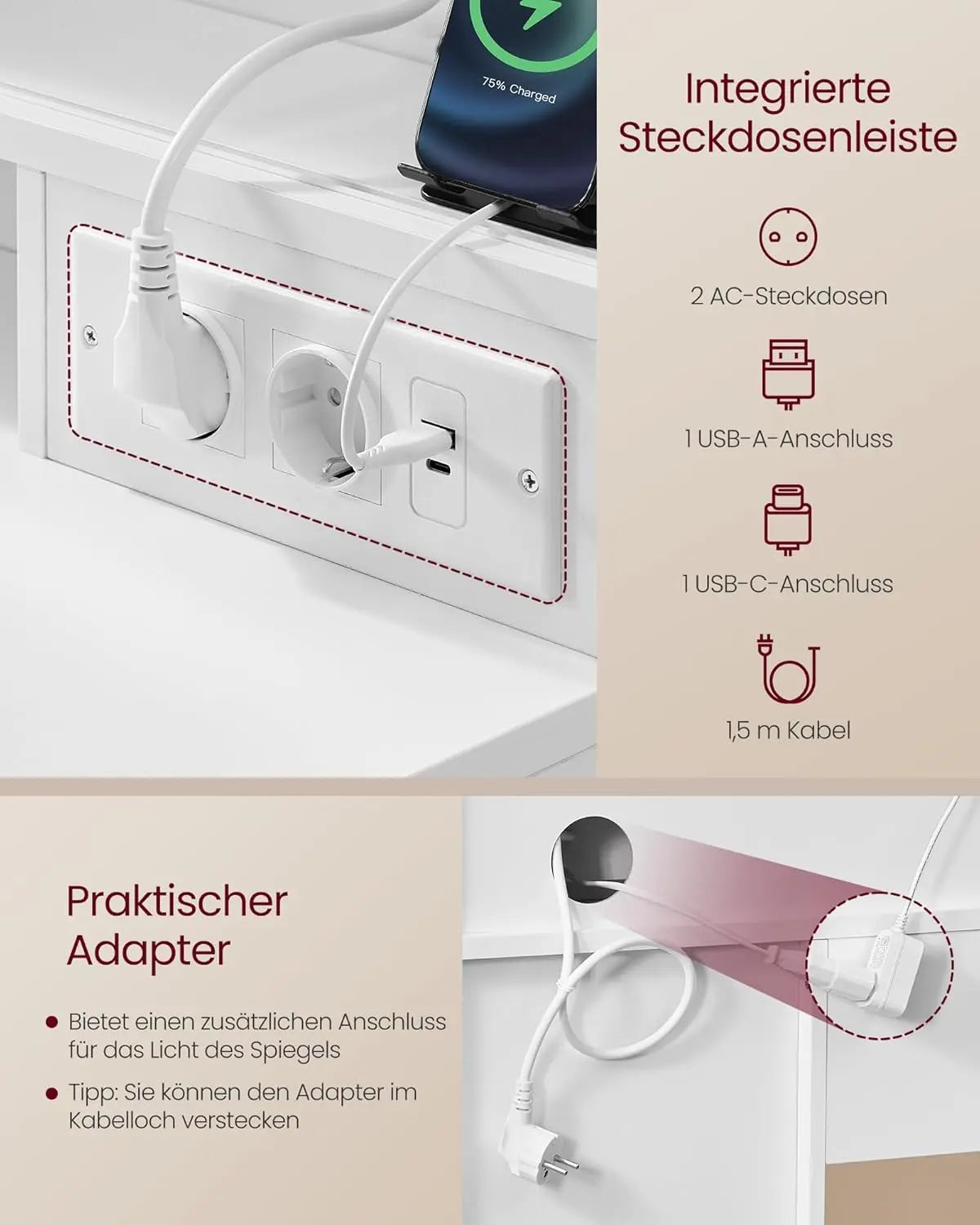 Schminktisch LED-Beleuchtung weiss Holz von Songmics
