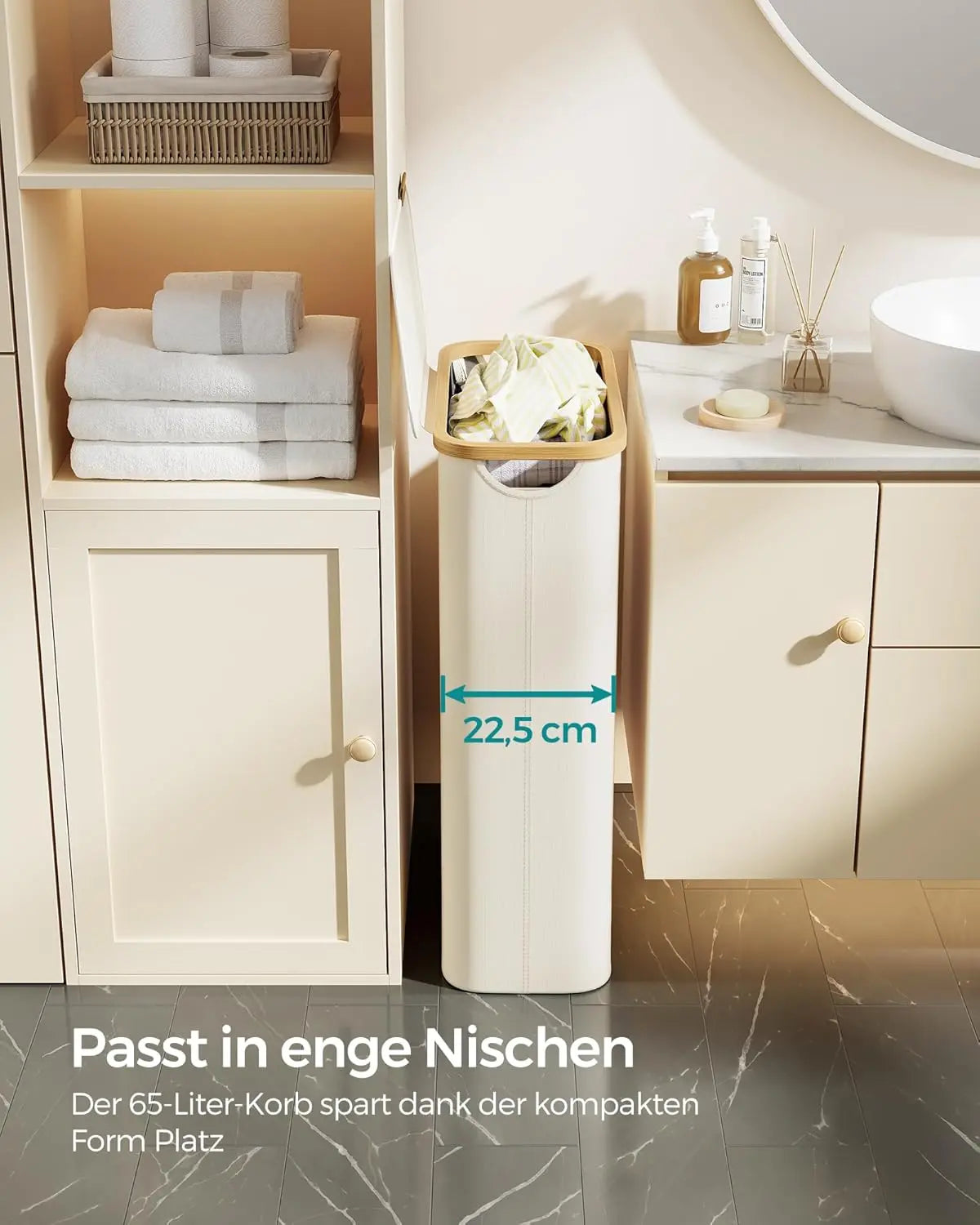 Wäschekorb 65L Bambus cremeweiss Oxford von Songmics