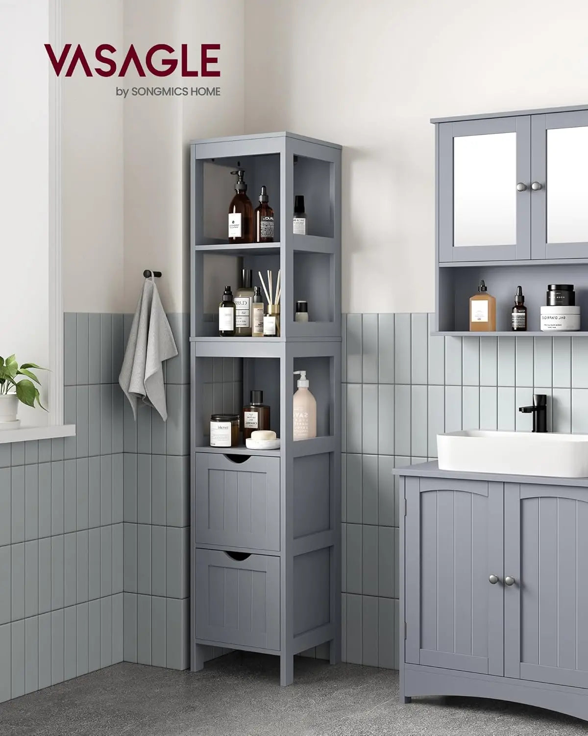 Badezimmerschrank freistehend 2 Schubladen grau Holz von Songmics