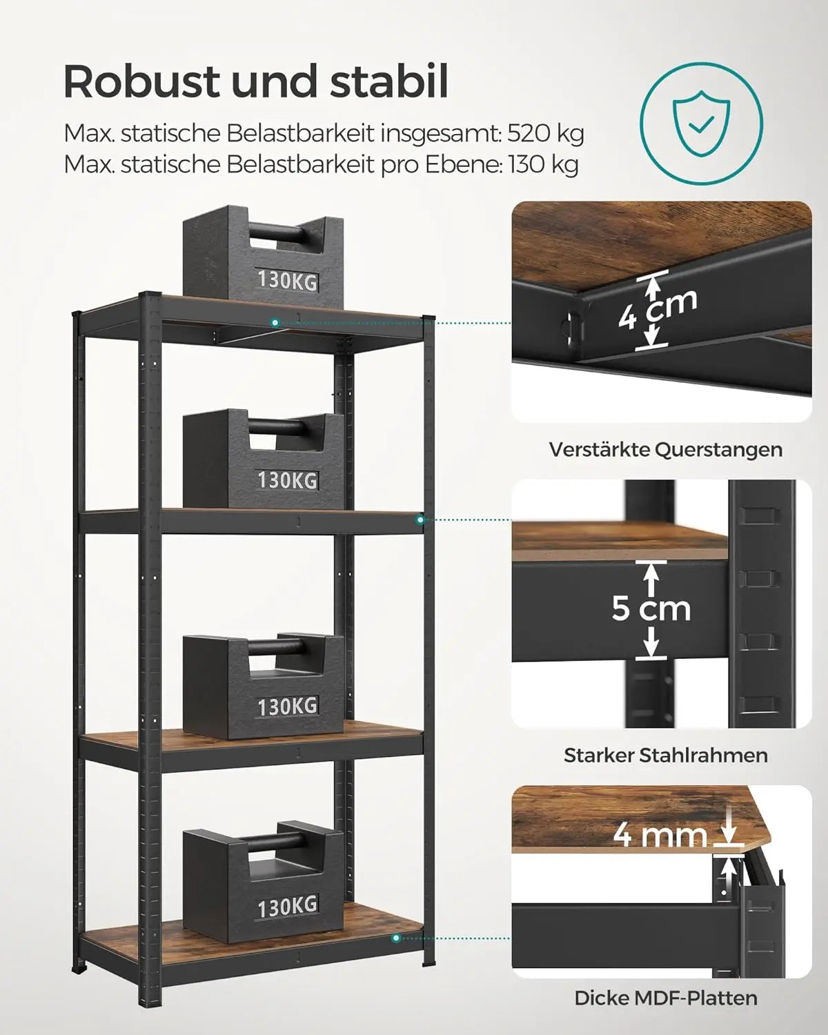 Schwerlastregal 520kg belastbar vintagebraun schwarz Metall von Songmics