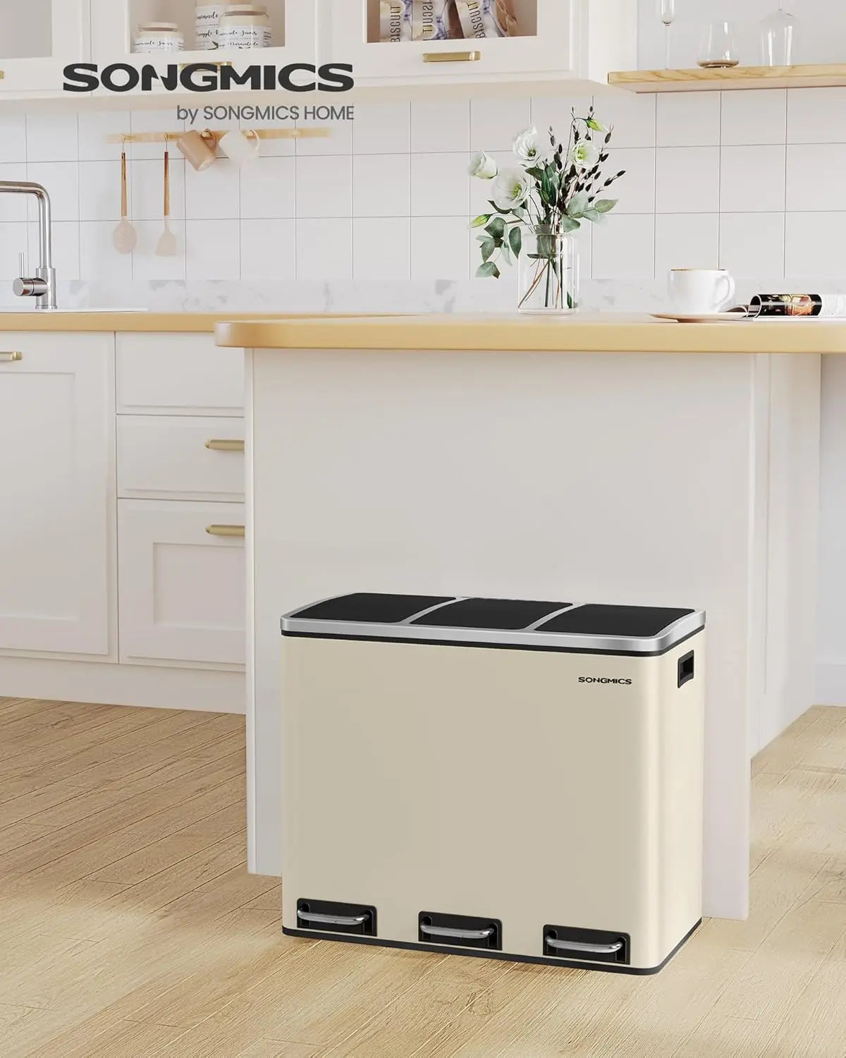 Treteimer 3-Fach 54L sandbeige Kunststoff von Songmics
