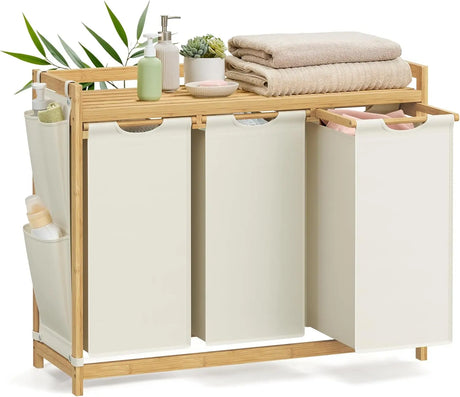 Wäschekorb Bambus 3 Fächer Cremeweiss von Songmics