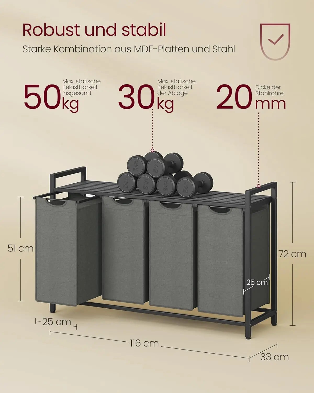 Wäschekorb 4 Fächer Abnehmbar Schiefergrau von Songmics