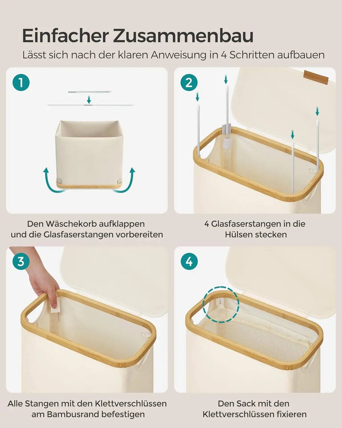 Wäschekorb 65L Bambus cremeweiss Oxford von Songmics