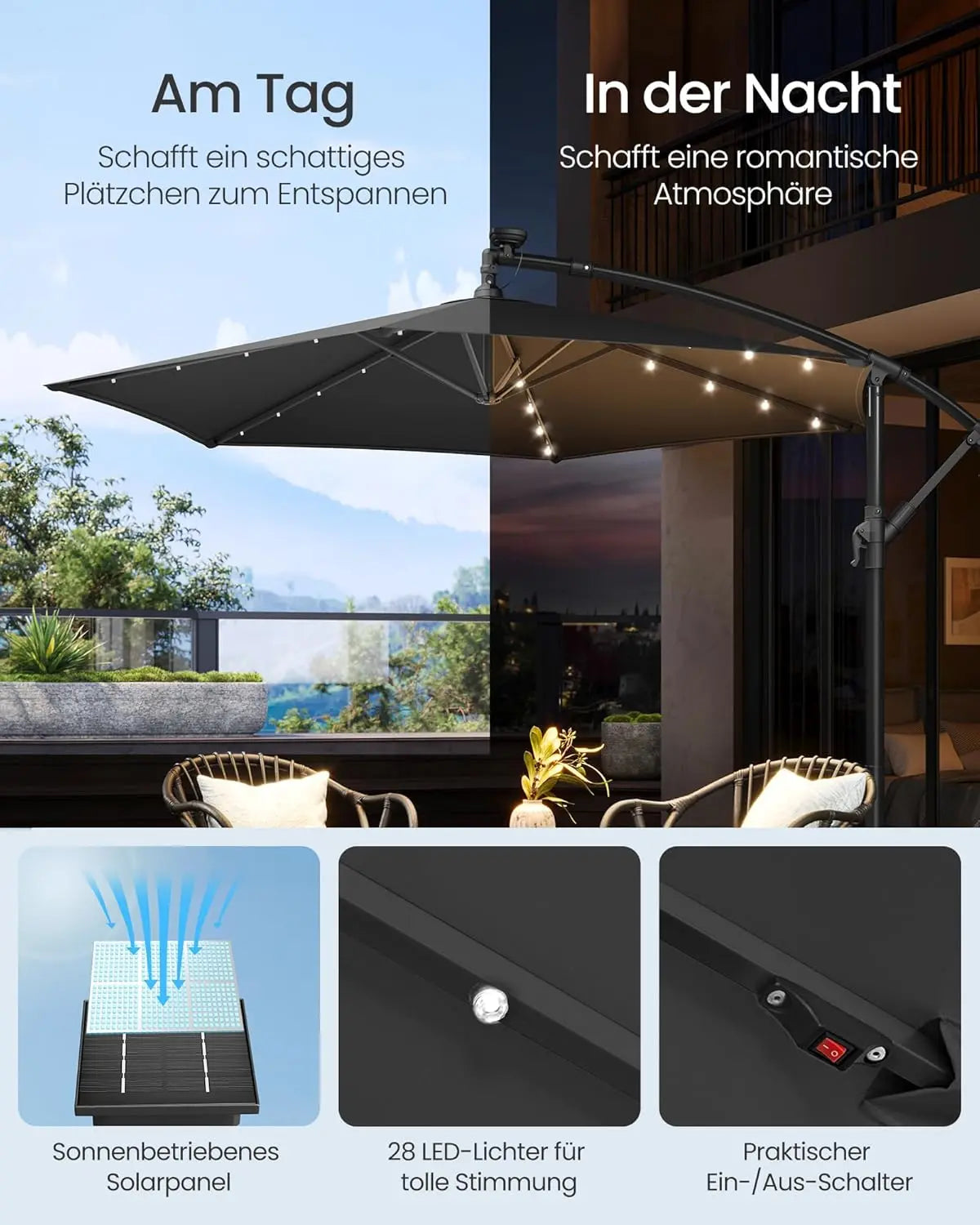Ampelschirm LED-Solar 300cm grau Aluminium von Songmics