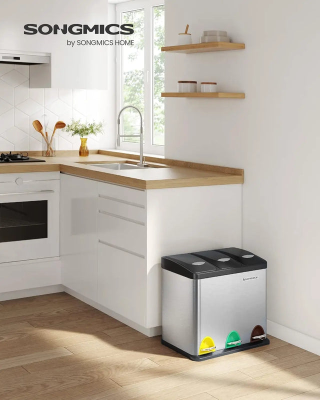 Mülleimer Küche 24L Mülltrennsystem 3 Fächer silbern-schwarz inkl. Müllsäcke von Songmics