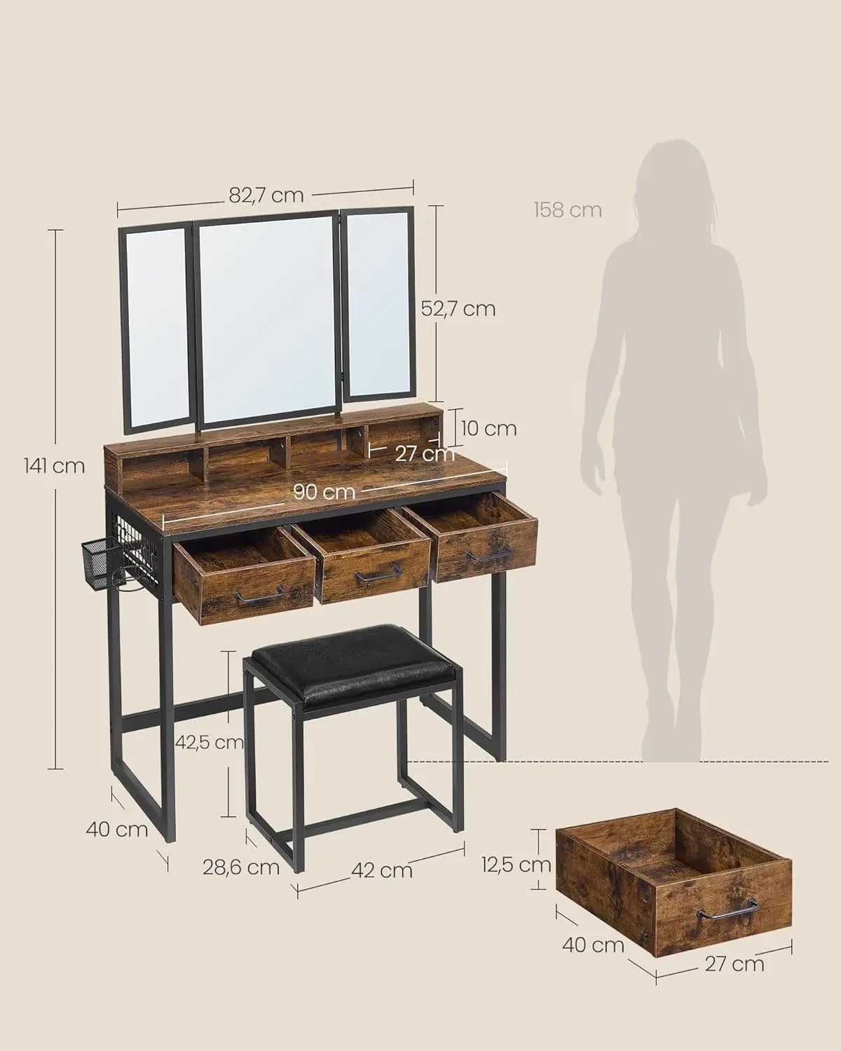 Schminktisch Set mit Hocker rustikal braun von Songmics