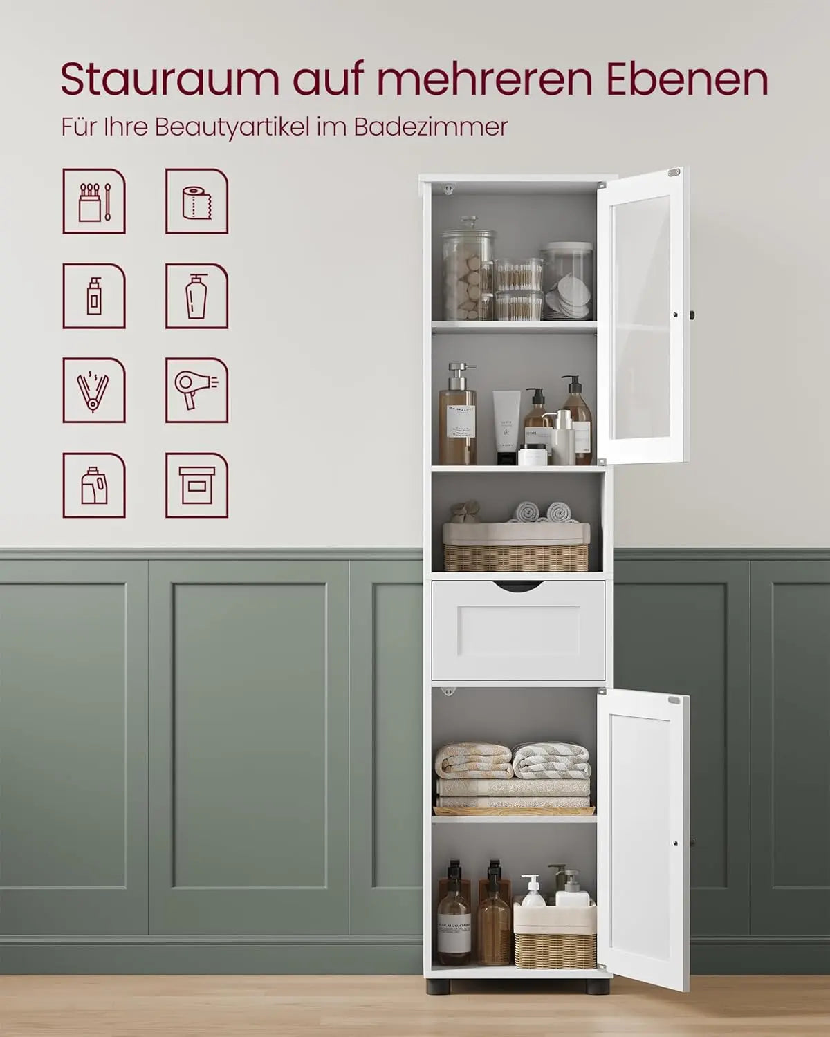 Badezimmerschrank schmal Glastür wolkenweiss Holz von Songmics