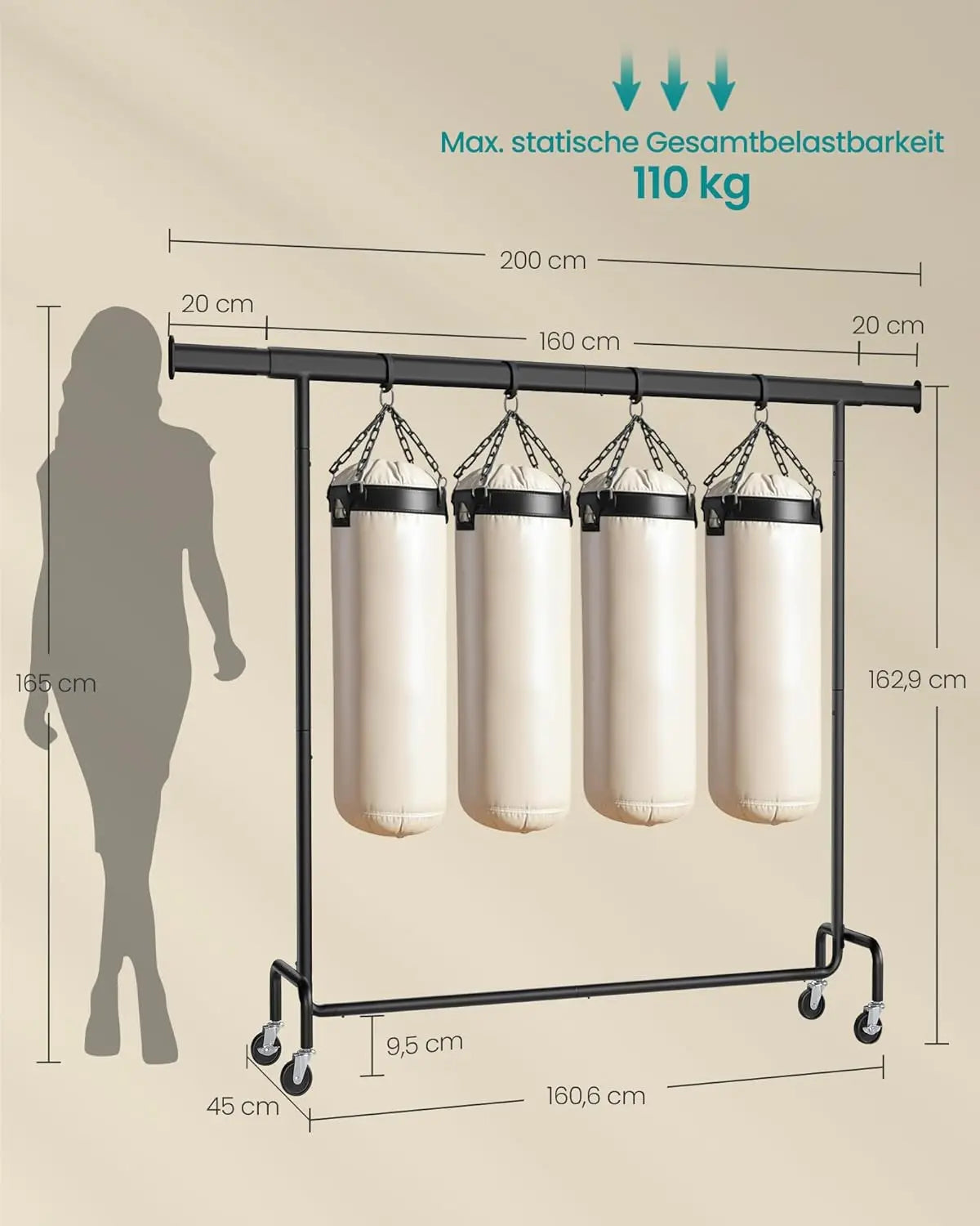 Kleiderständer rollbar ausziehbar mattschwarz Metall von Songmics