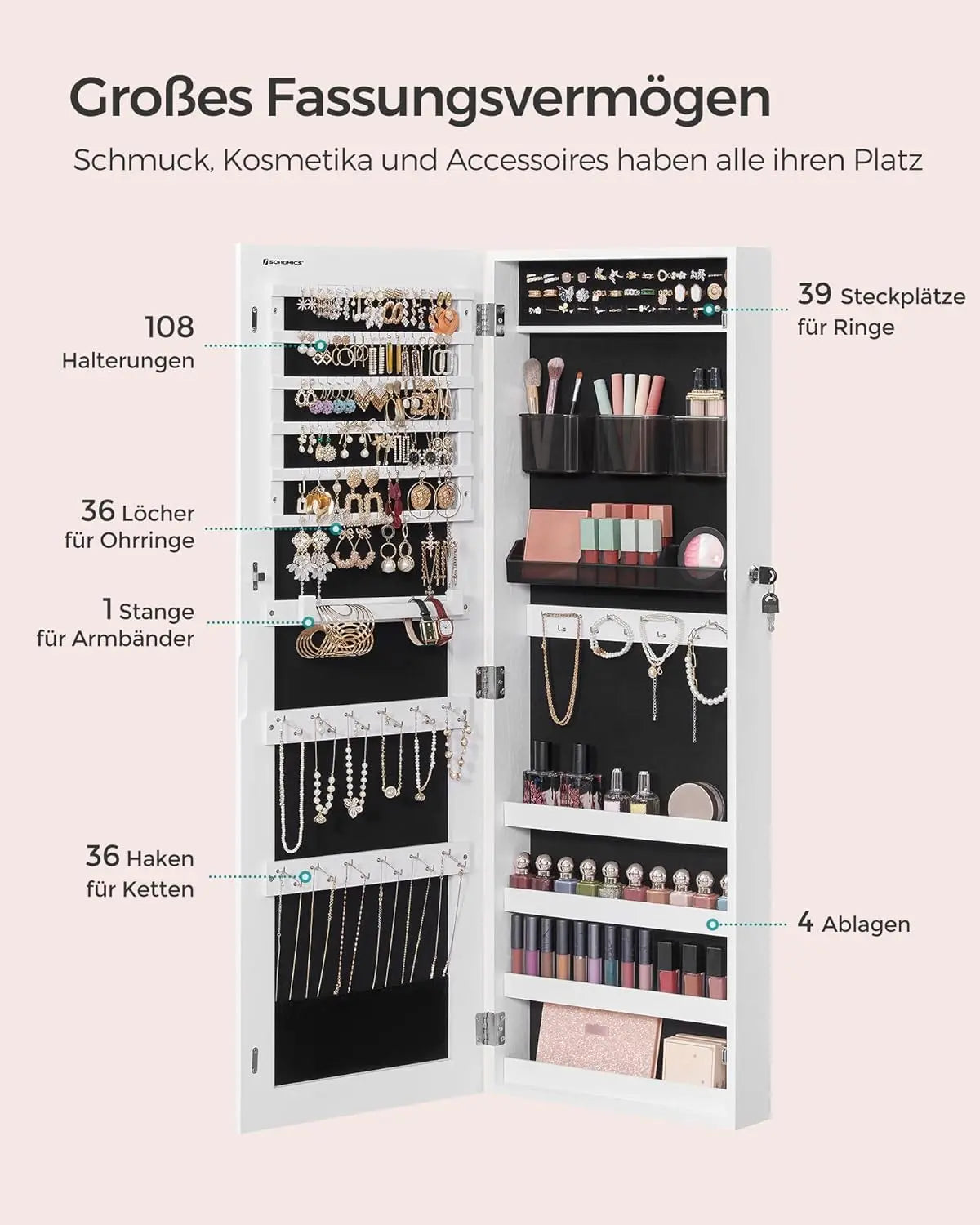 Schmuckschrank hängend abschliessbar Spiegel weiss von Songmics