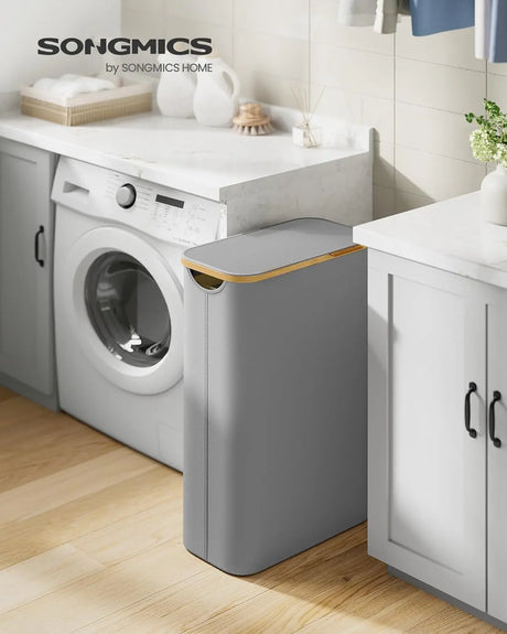 Wäschekorb zusammenklappbar mit Bambusgriffen taubengrau von Songmics