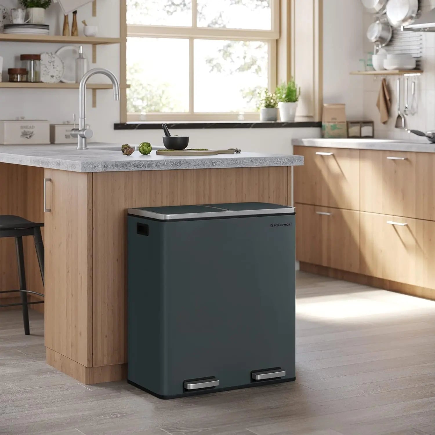 Treteimer 60L Mülltrennsystem grüngrau Metall von Songmics