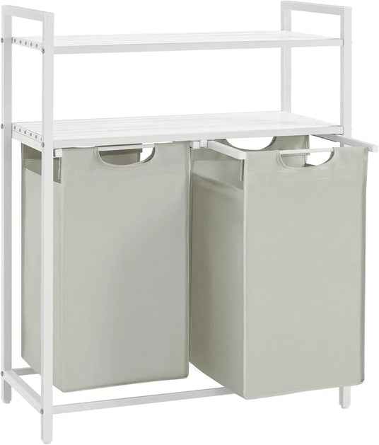 Wäschekorb mit 2 Fächern und 2 Ablagen, ausziehbar, weiss von Songmics