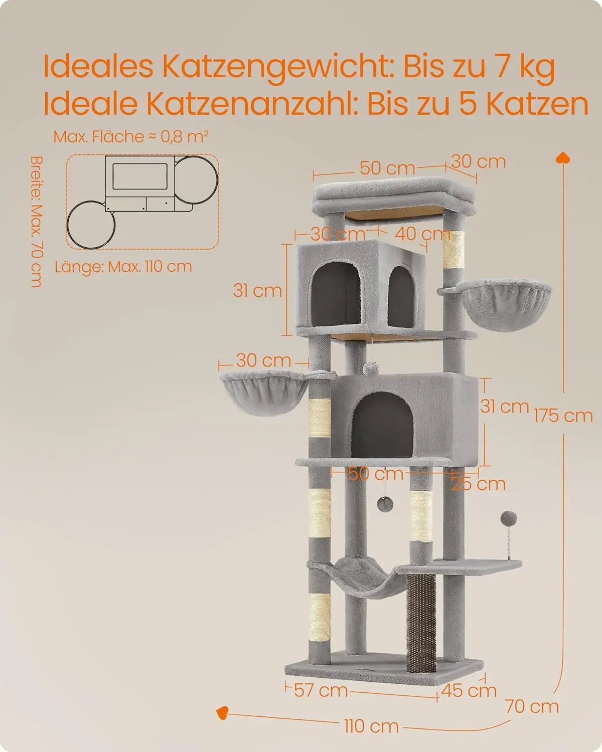 Kratzbaum XL mehrstöckig mit Höhlen Taubengrau von Songmics