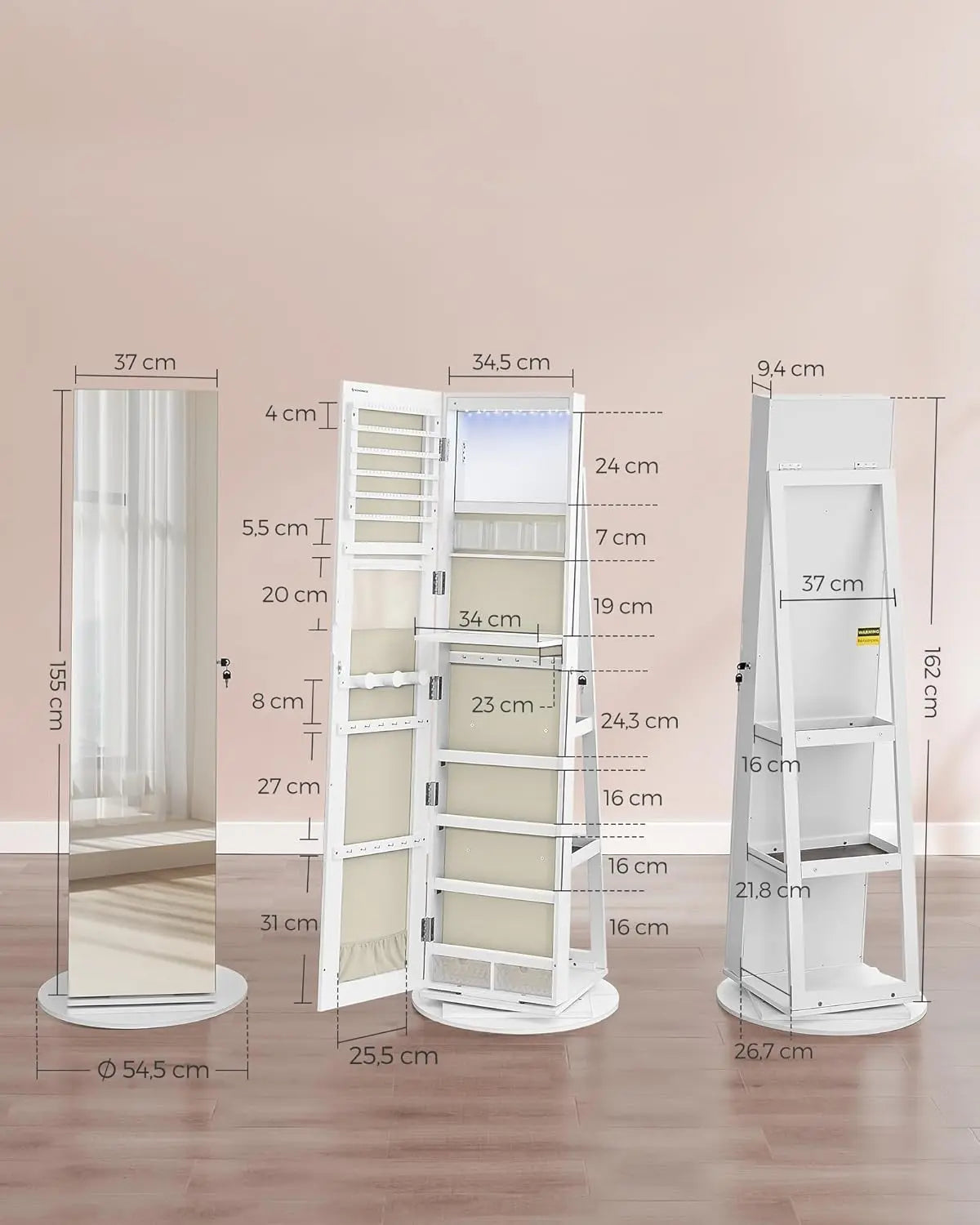 Schmuckschrank drehbar Spiegel weiss Holz von Songmics