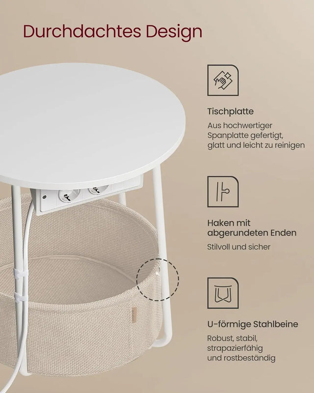 Beistelltisch mit Steckdose Stauraum, Mattweiss-Kamelbraun von Songmics