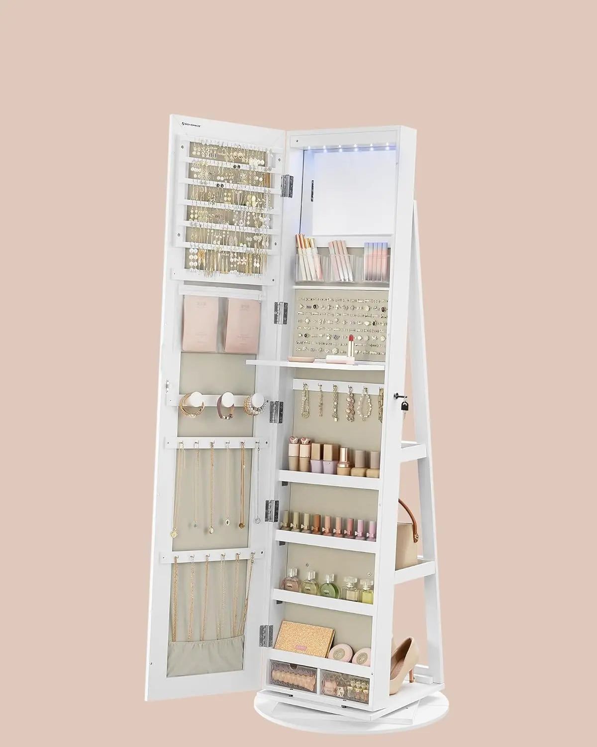 Schmuckschrank drehbar Spiegel weiss Holz von Songmics