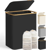 Wäschekorb 2 Fächer Bambus Griffe Schwarz von Songmics