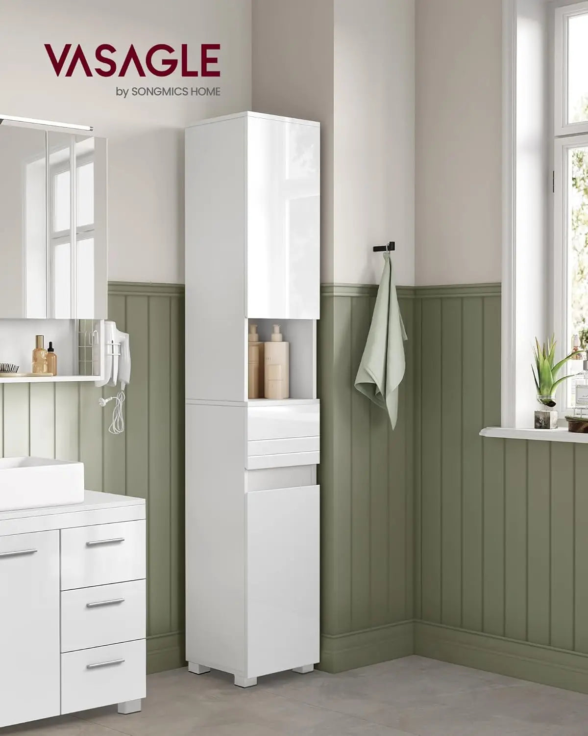 Badezimmerschrank mit Schublade verstellbar Wolkenweiss von Songmics