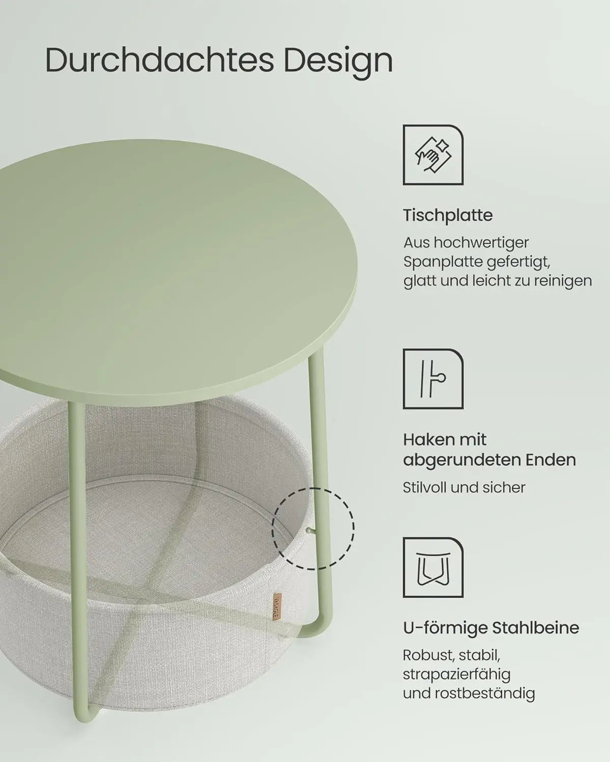 Beistelltisch mit Stauraum lorbeergrün-cremeweiss von Songmics