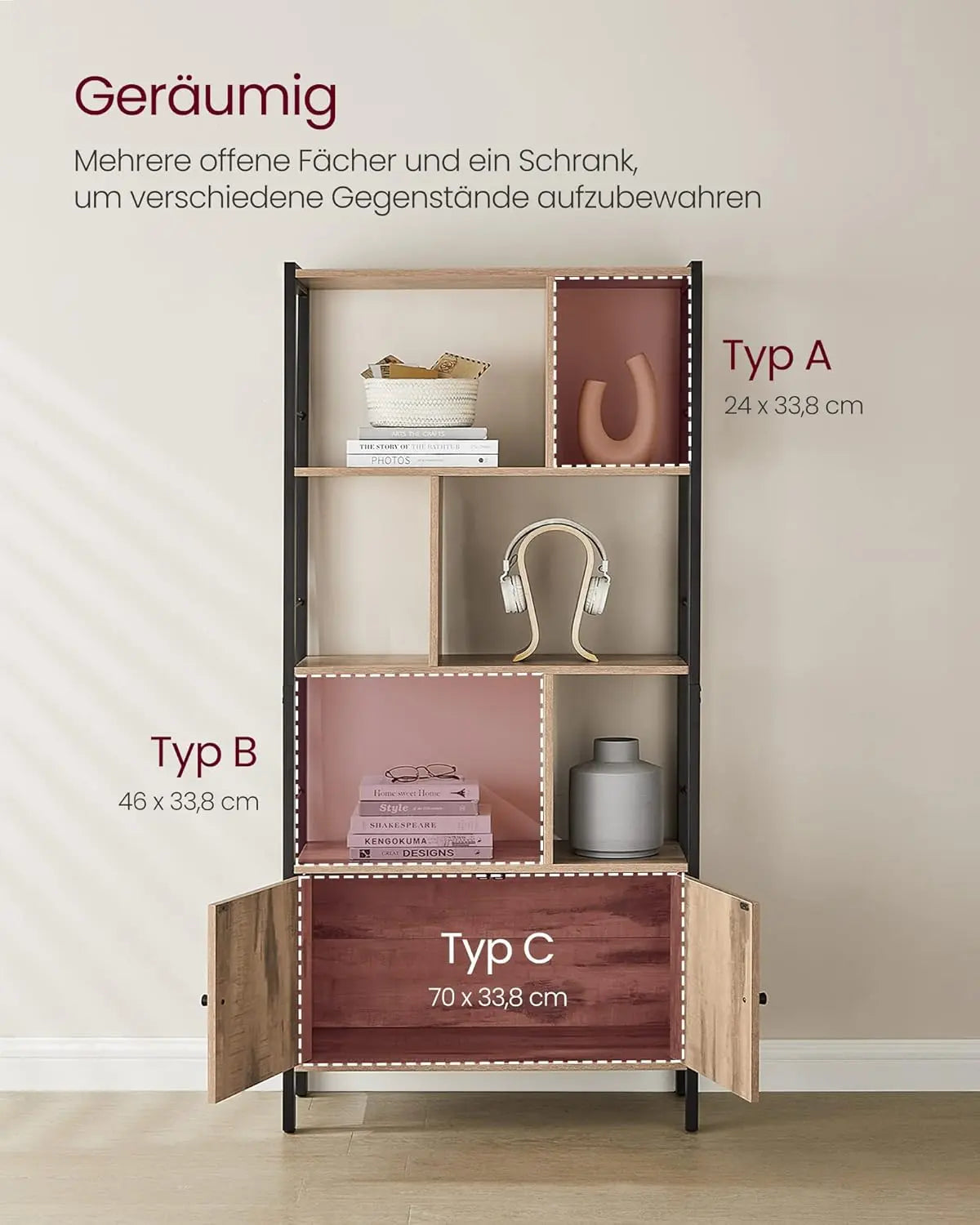 Bücherregal mit Türen Industrie-Design Stahlgestell Kamelbraun von Songmics