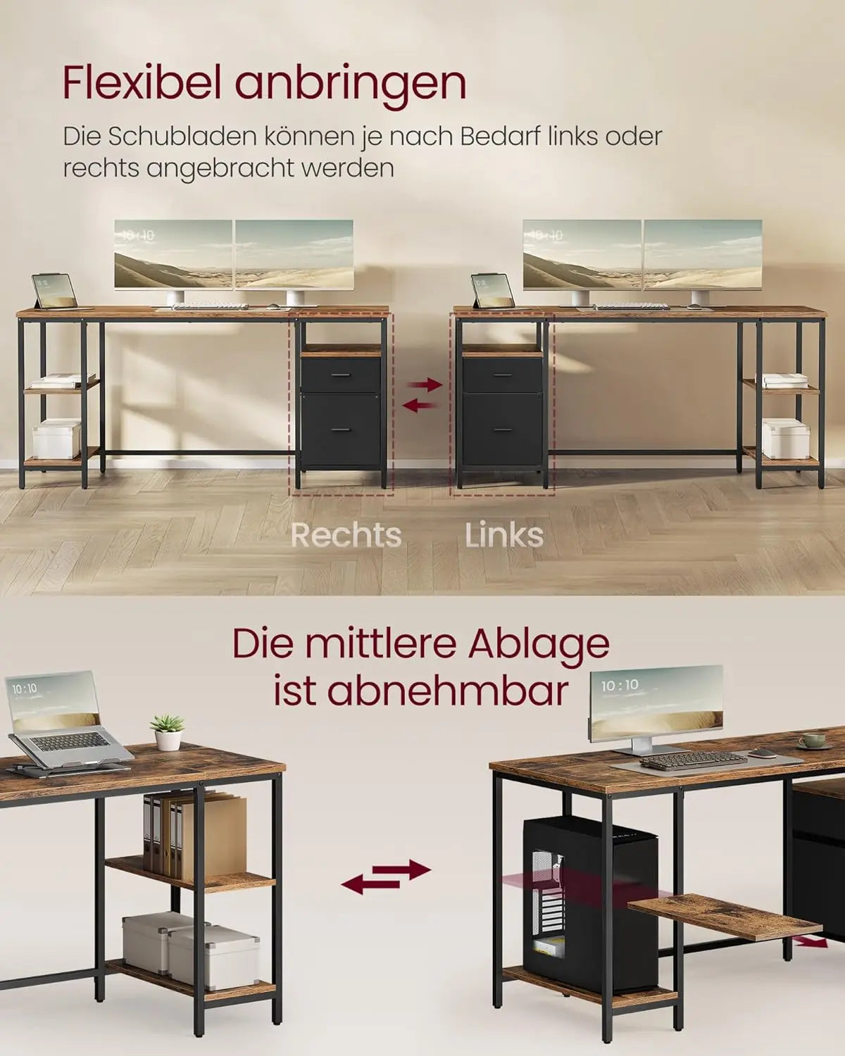 Schreibtisch 160cm Ablagen vintagebraun Holz von Songmics